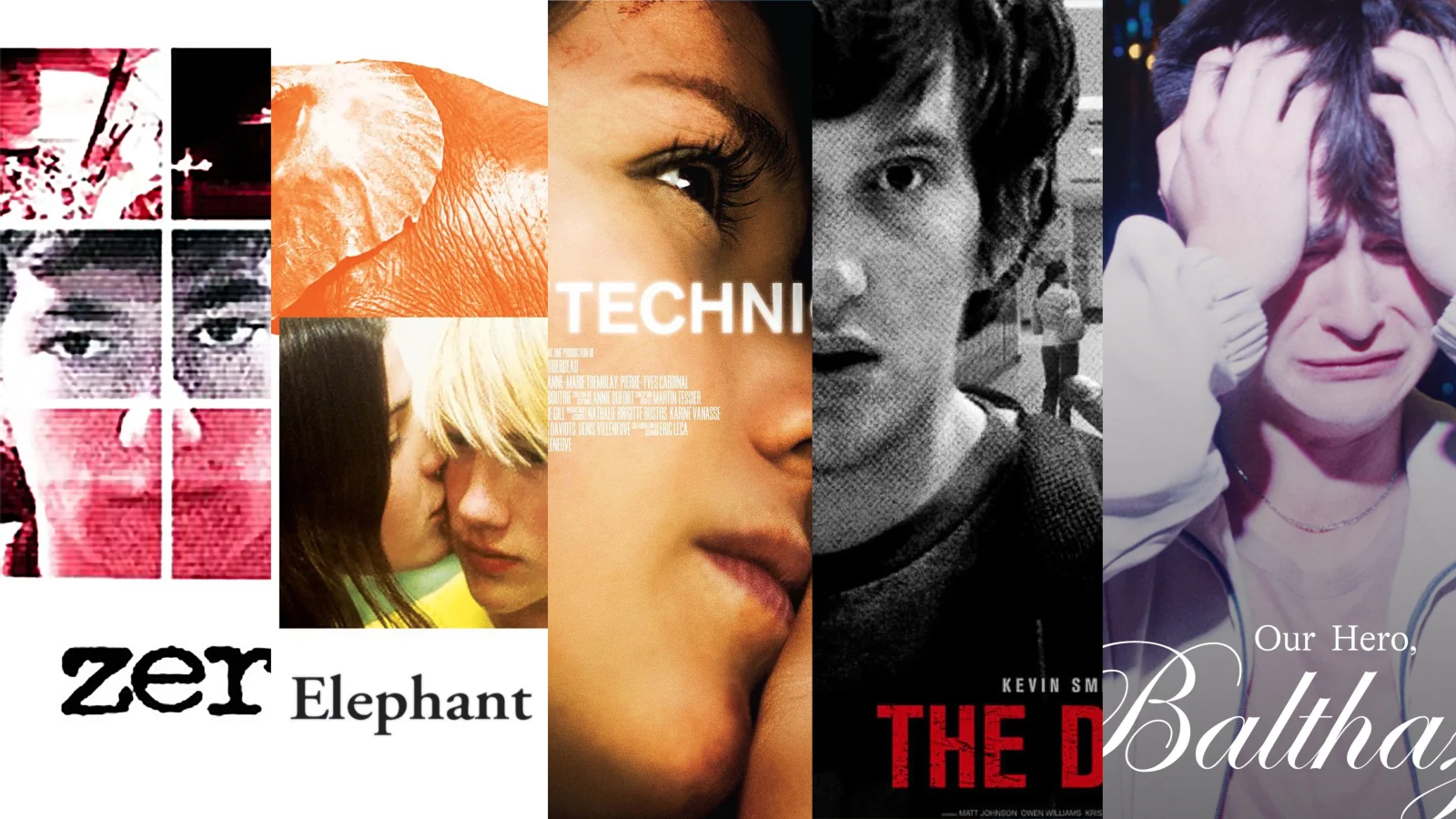The posters for the following movies lined up side-by-side: Zero Day (2002) by Ben Coccio, Elephant (2003) by Gus Van Sant, Polytechnique (2009) by Denis Villeneuve, The Dirties (2013) by Matt Johnson, Our Hero Balthazar (2026) by Oscar Boyson