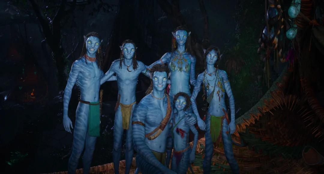 A flash photo of a family of skinny blue aliens smiling at the camera