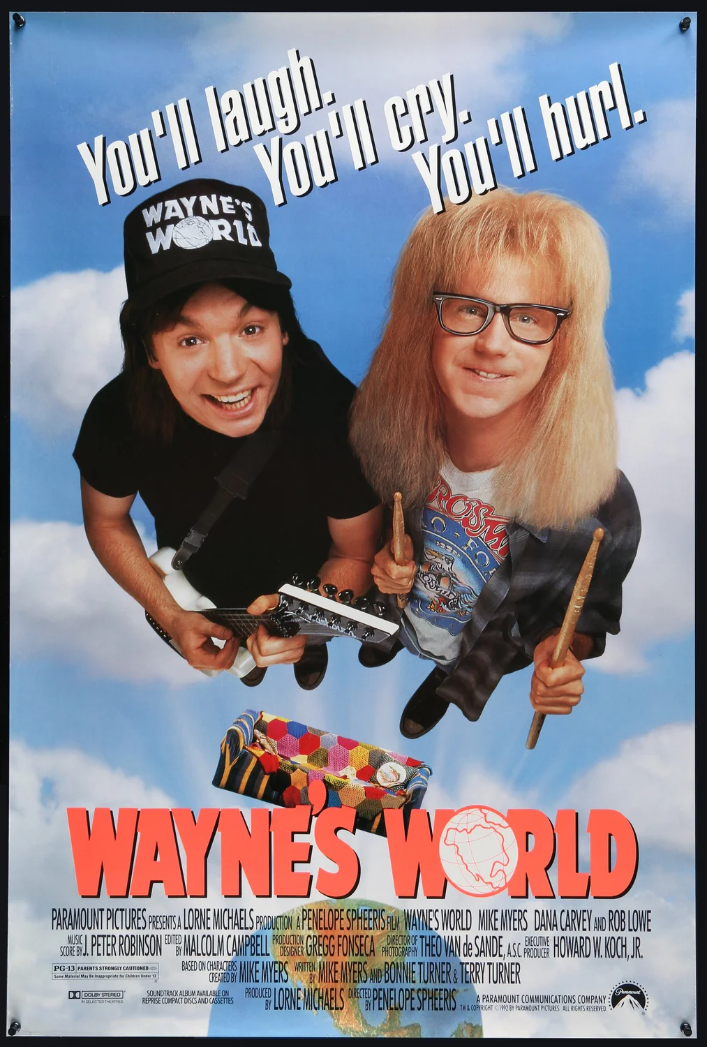Wayne Campbell and Garth Algar from Wayne's World flying off of their couch above the planet Earth below.